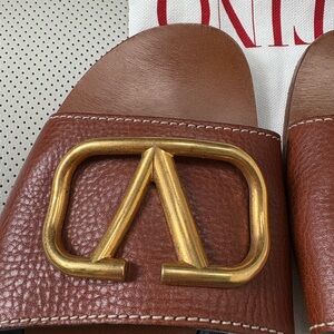 Brown Slide Sandals with Gold Accent